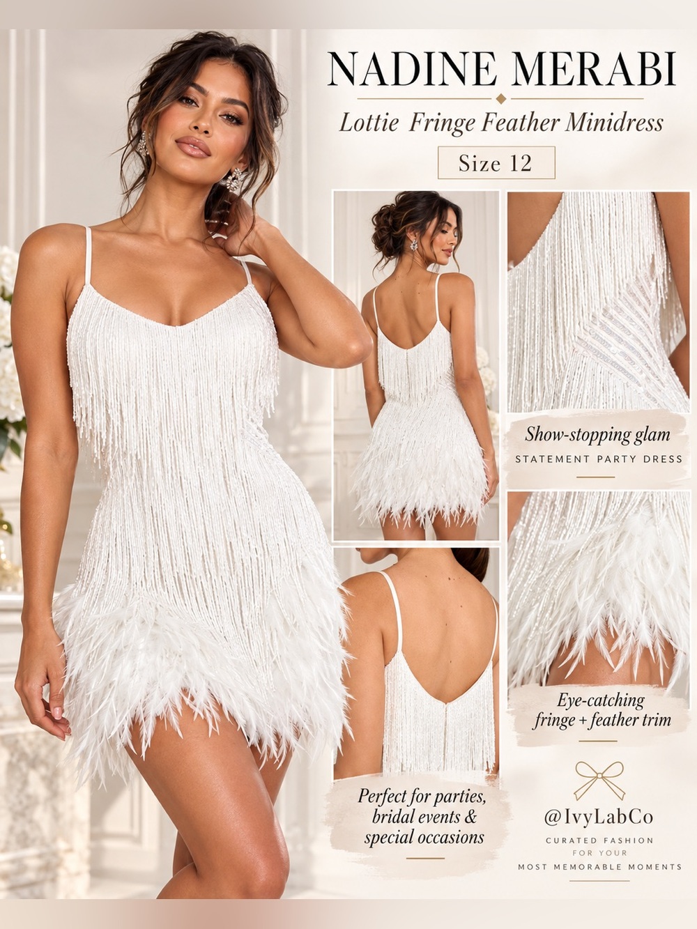 NADINE MERABI White Fringe & Feather Mini Dress